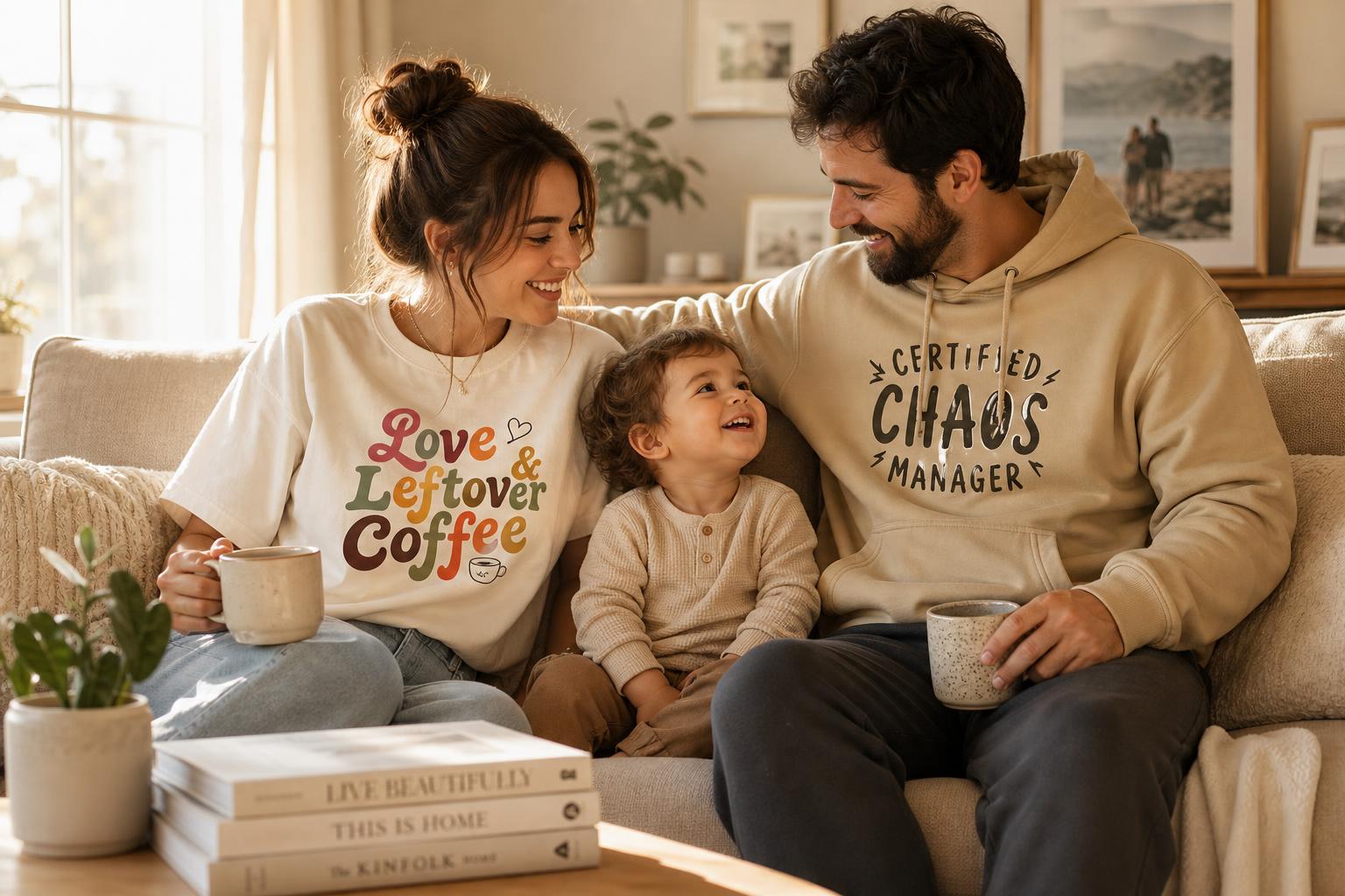 A family wearing matching printed apparel